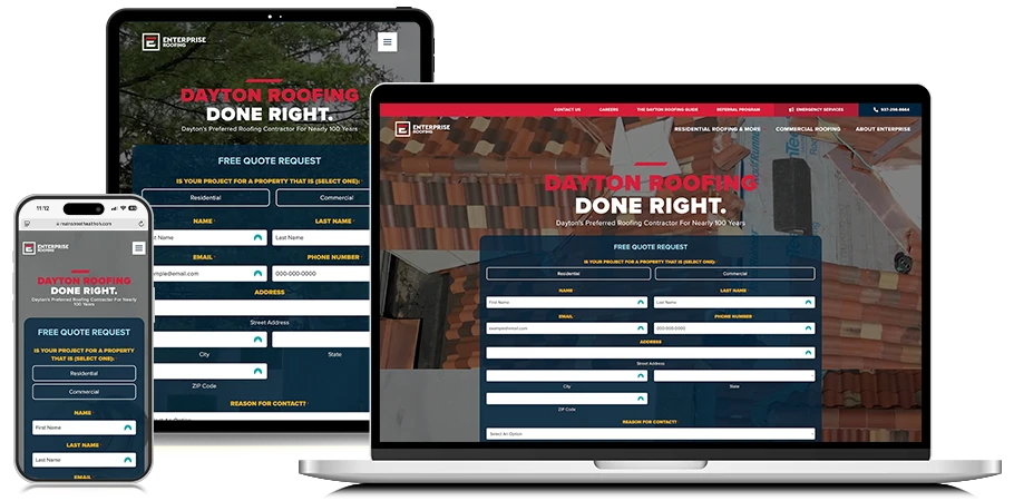 Enterprise Roofing responsive design on laptop, tablet, and phone