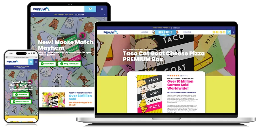 Taco Cat Goat Cheese Pizza website responsive design on laptop, tablet, and phone