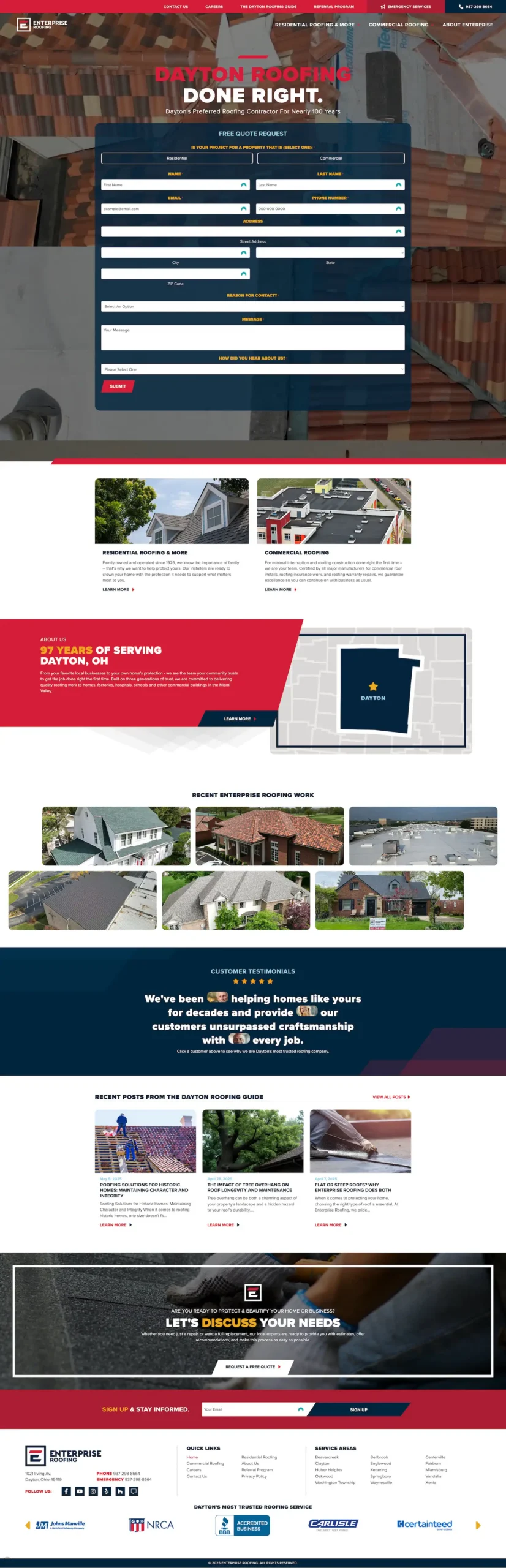 Enterprise Roofing full website view of the homepage