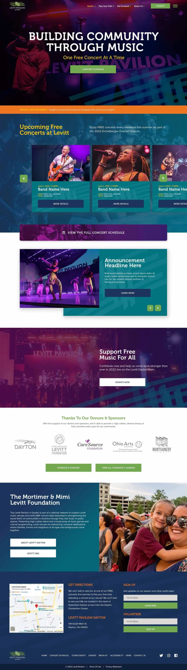 Levitt Pavilion full website view of the homepage