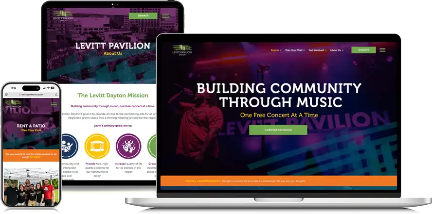Levitt Pavilion responsive design on laptop, tablet, and phone