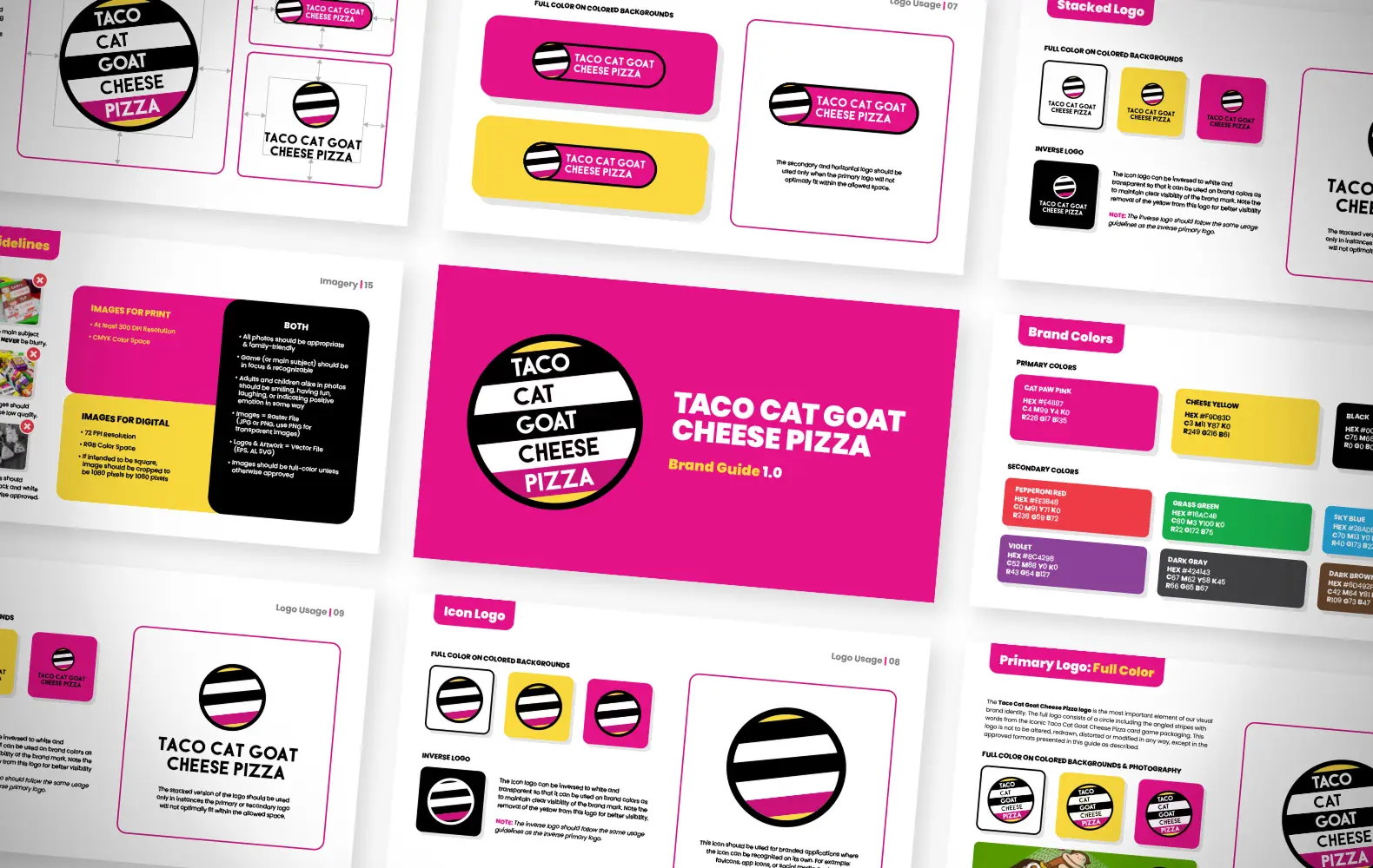 Taco Cat Goat Cheese Pizza branding guide designs
