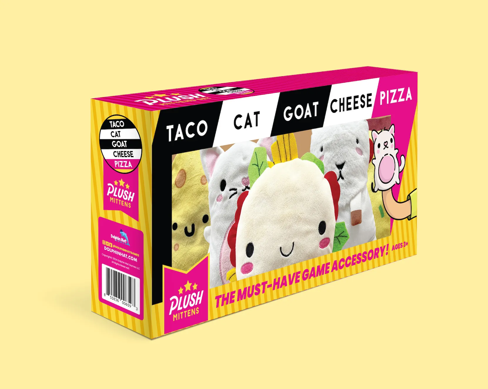 Taco Cat Goat Cheese Pizza plush mittens packaging designs