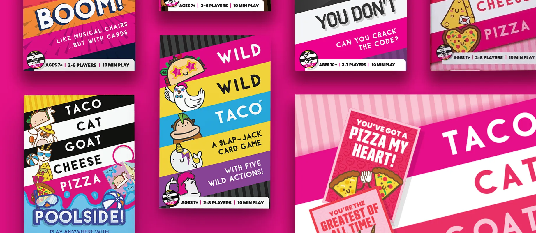 various forms of Taco Cat Goat Cheese Pizza card game packaging designs