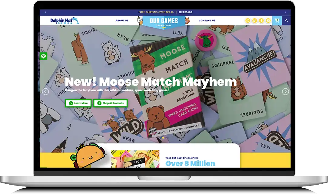laptop view of Dolphin Hat Games website