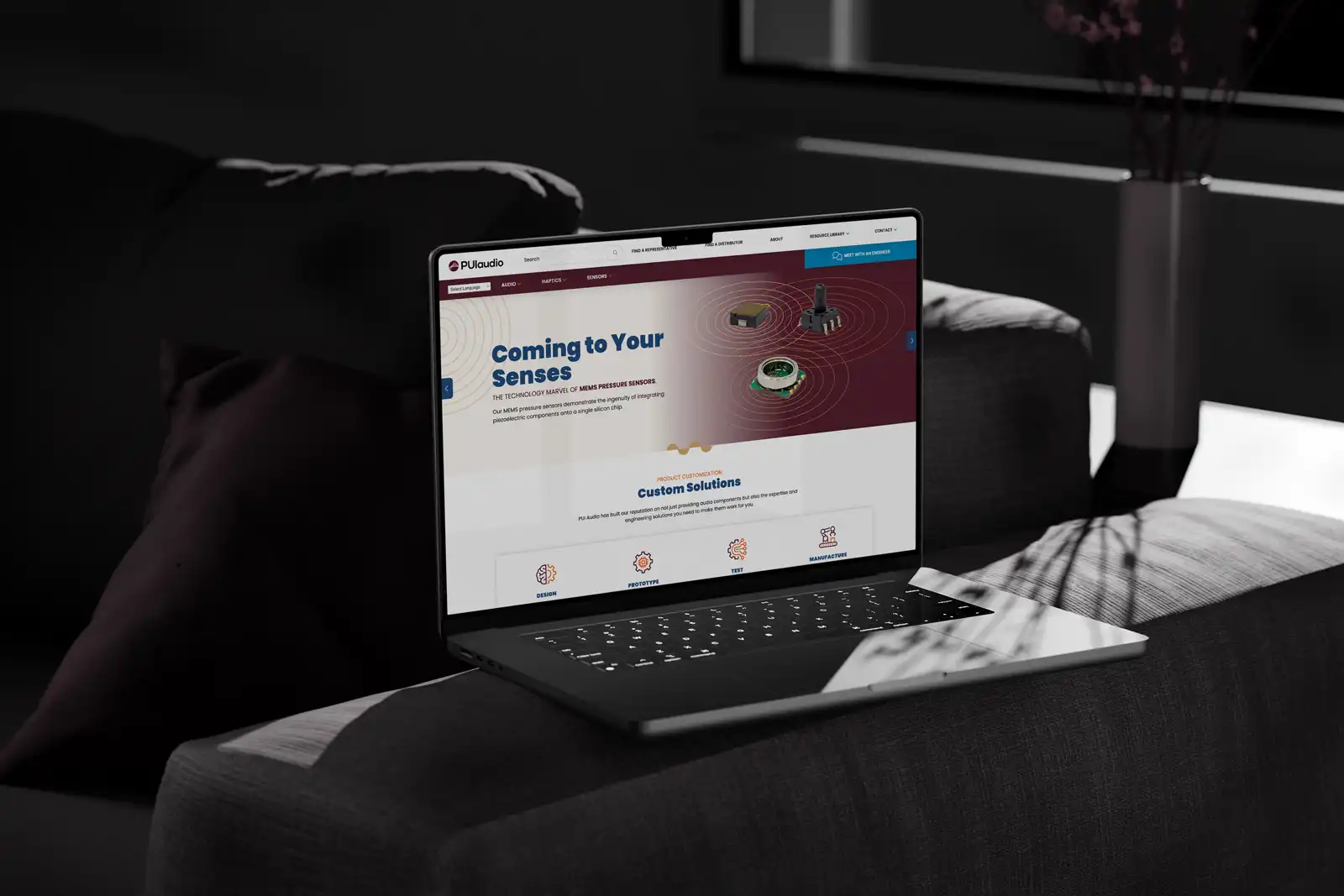 viewing PUI Audio website on a laptop that's sitting on a couch