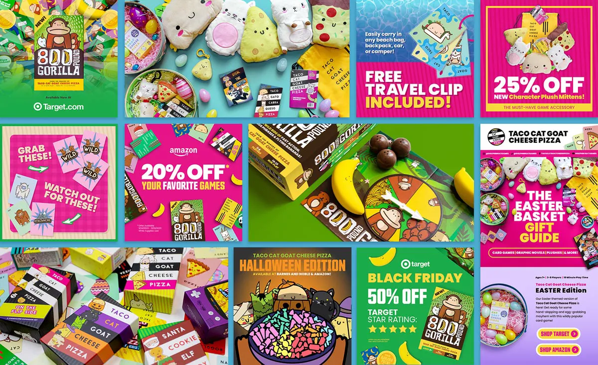 various marketing designs for Dolphin Hat Games card and board games