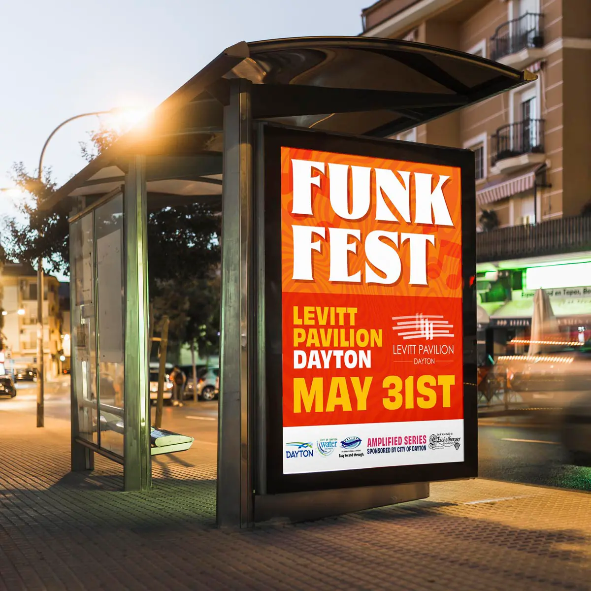 Levitt Pavilion Dayton marketing ad on bus stop