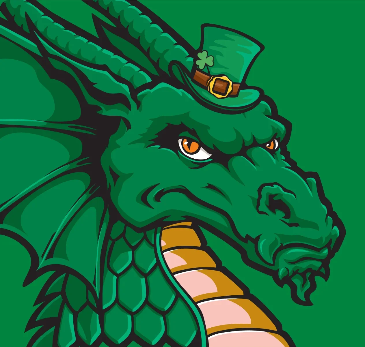 Dayton Dragons mascot wearing an Irish green hat with a green clover