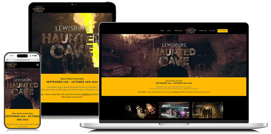 Lewisburg Haunted Cave responsive design on laptop, tablet, and phone