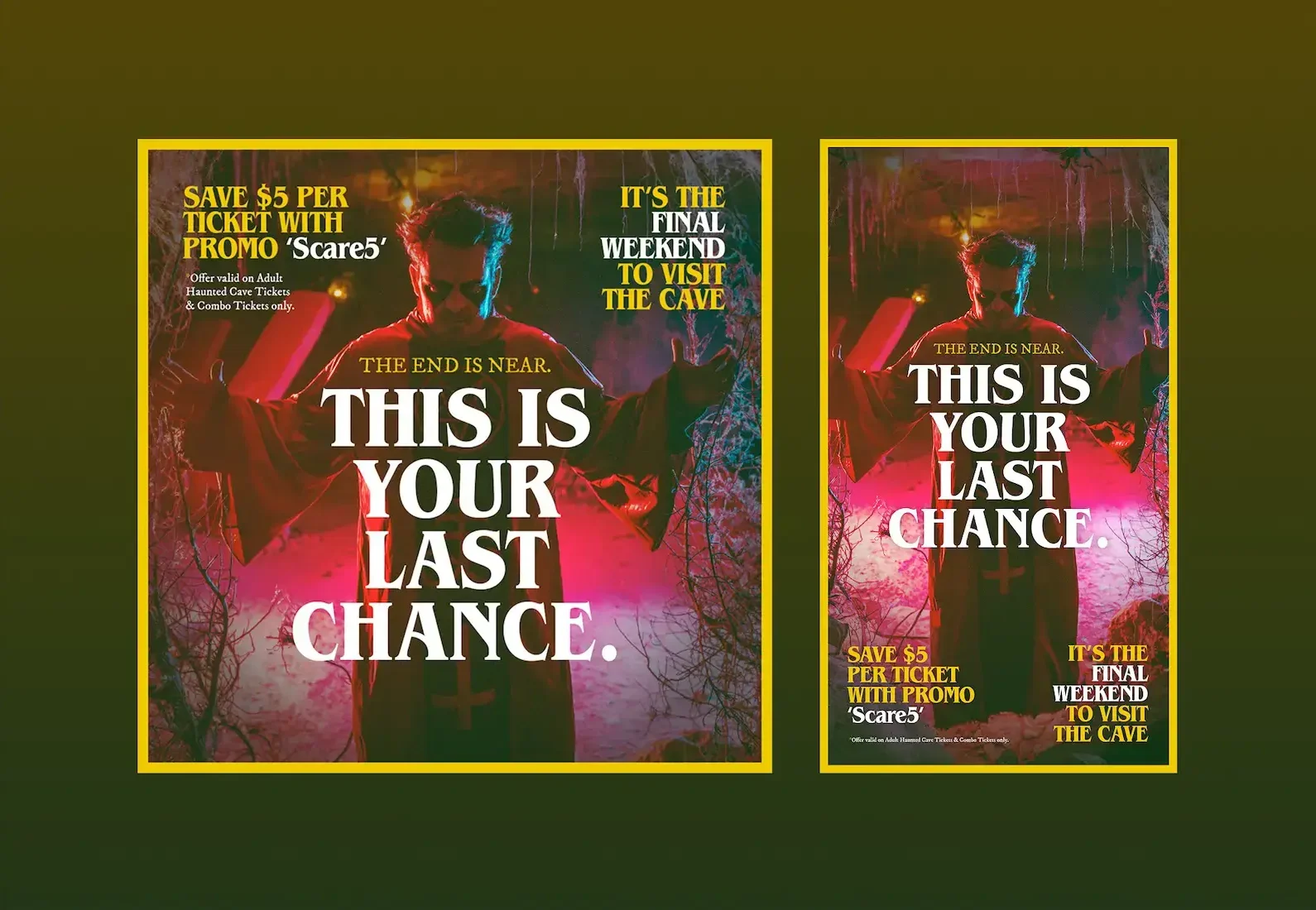 Lewisburg Haunted Cave ticket sale promo designs